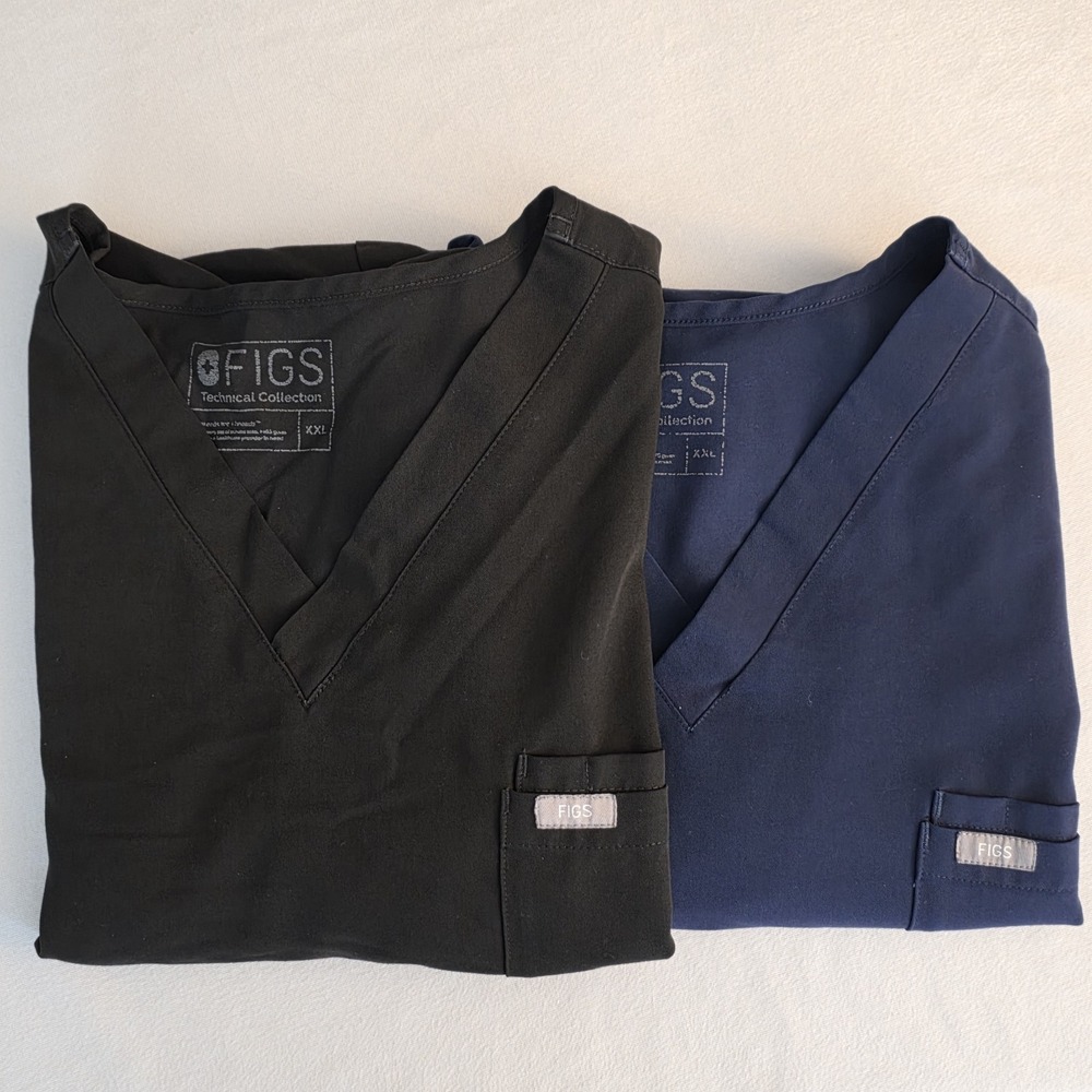 Lot Of 2 FIGS Scrub Top Shirt Men Blue Black Technical‎ V Neck Medical  Size 2XL